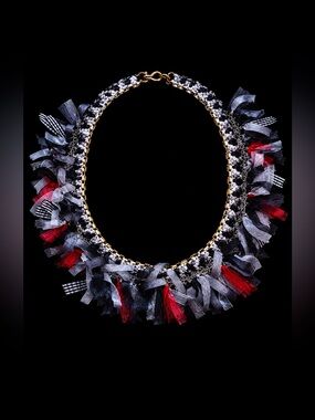 Statement Fringe Ribbon Necklace in Black, Gray & Red